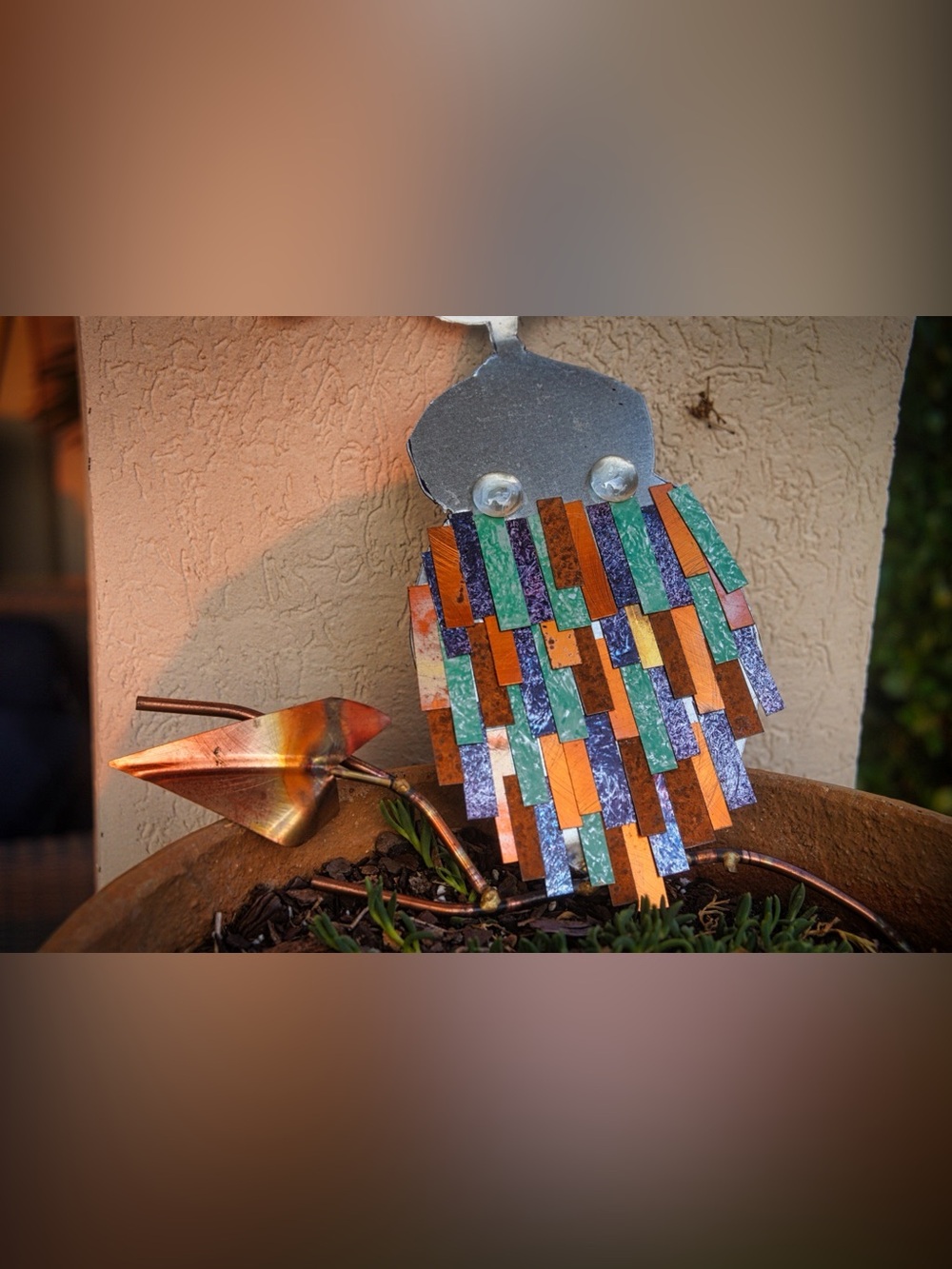 Metal Owl Garden Art – For Parts / As Is – Colorful Scrap Metal Bird Sculpture - Picture 2 of 6